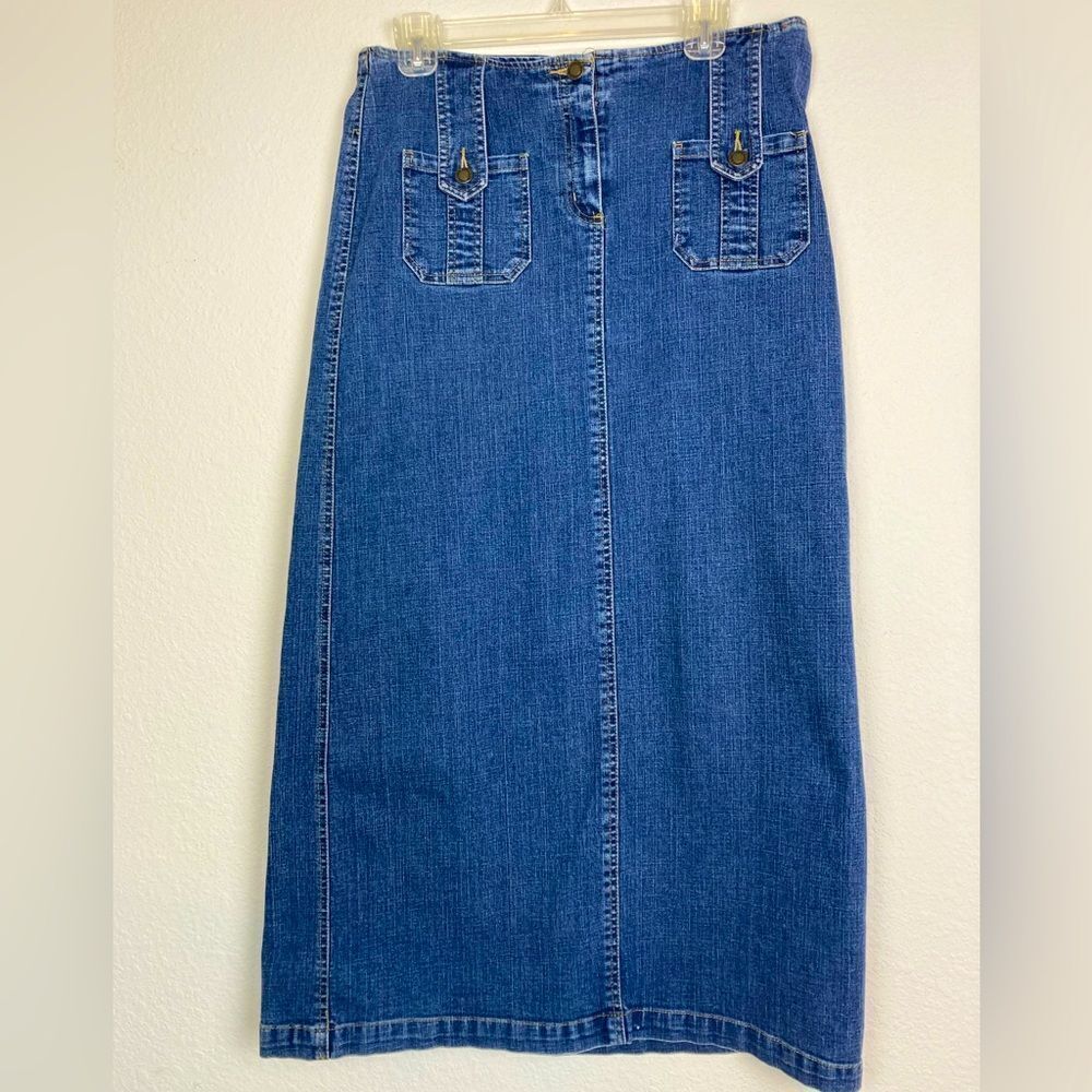 Vintage Boho Maxi denim skirt w/ pockets & belt loops, back vent runs big